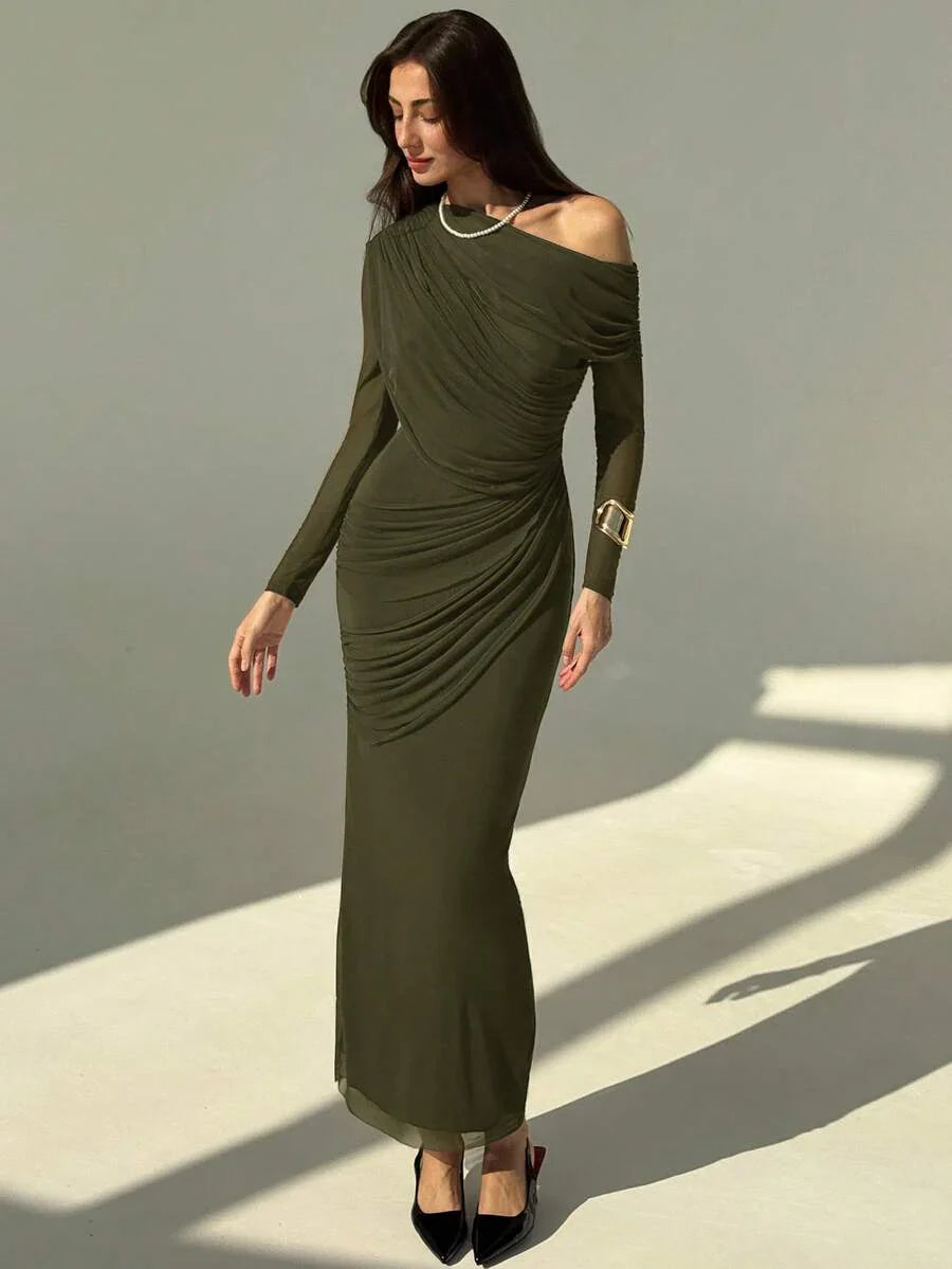 OLVRA - One Shoulder Ruched Mesh Bodycon Maxi Dress