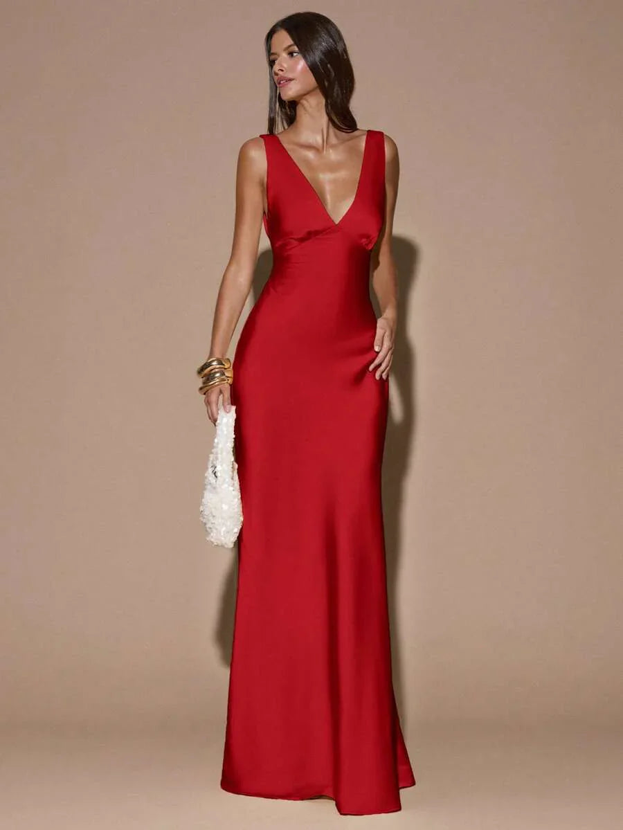VELOURA - Backless Deep V-Neck Mermaid Maxi Dress