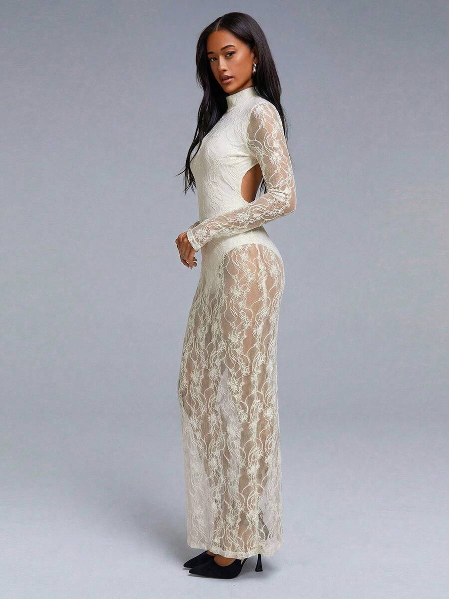 VELIRA - Lace Backless Bodycon Maxi Dress Cream