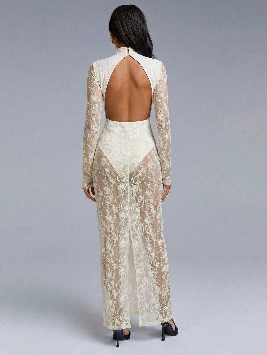 VELIRA - Lace Backless Bodycon Maxi Dress