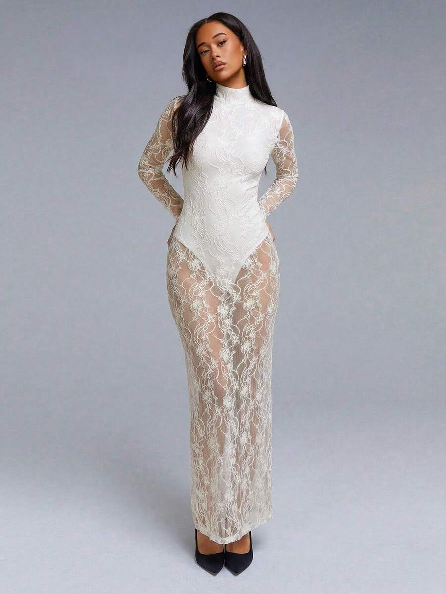 VELIRA - Lace Backless Bodycon Maxi Dress