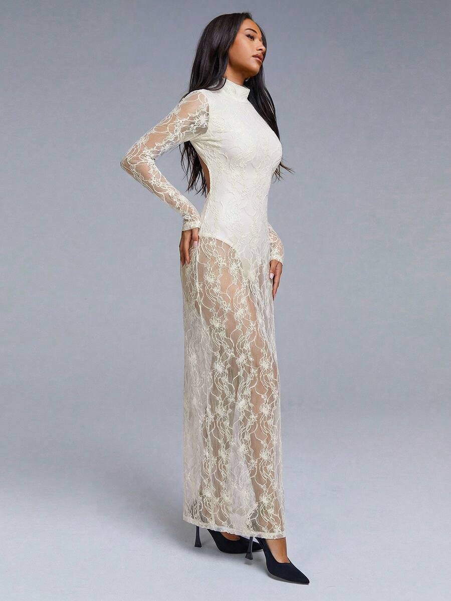 VELIRA - Lace Backless Bodycon Maxi Dress
