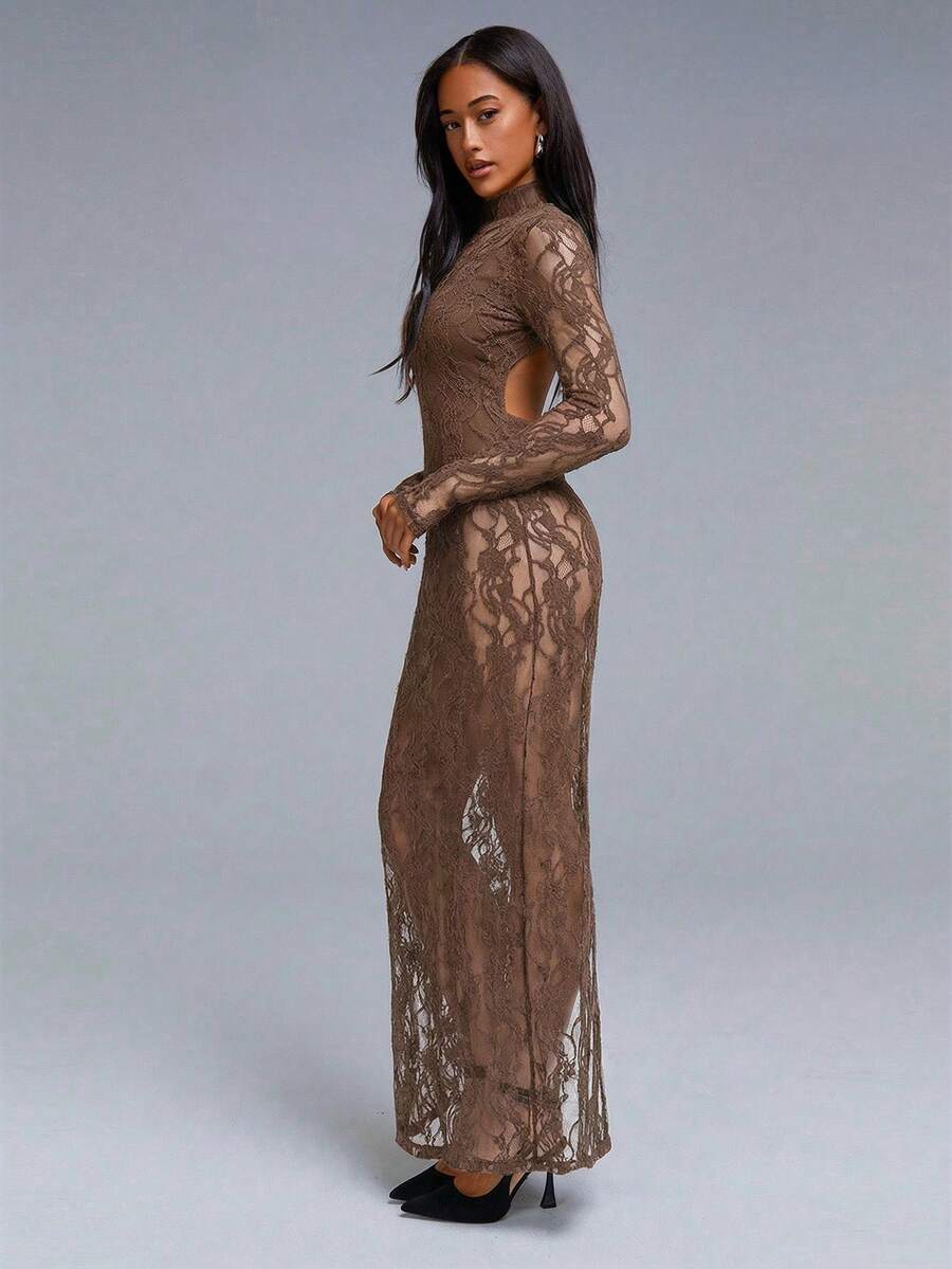 VELIRA - Lace Backless Bodycon Maxi Dress Brown