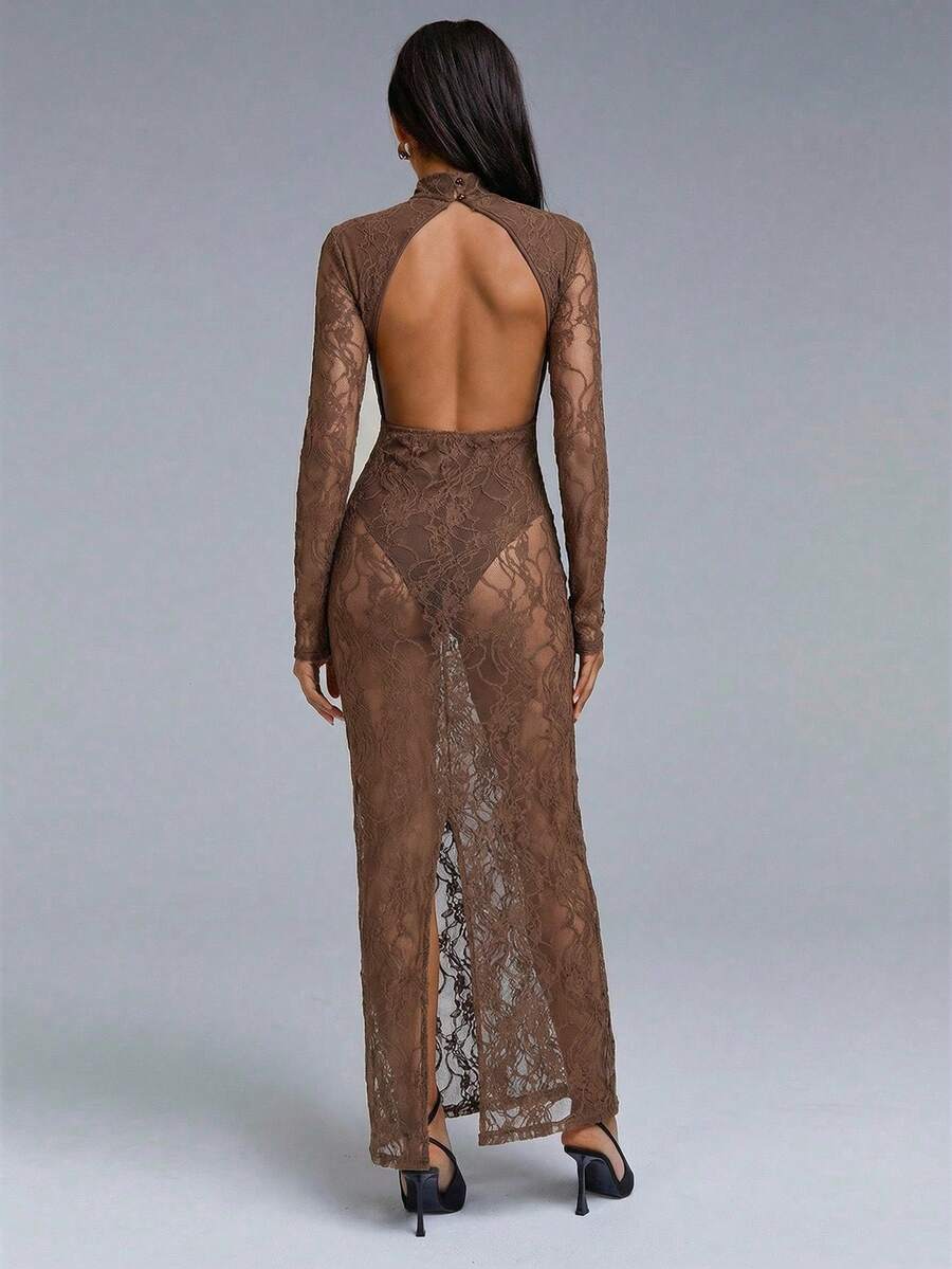 VELIRA - Lace Backless Bodycon Maxi Dress