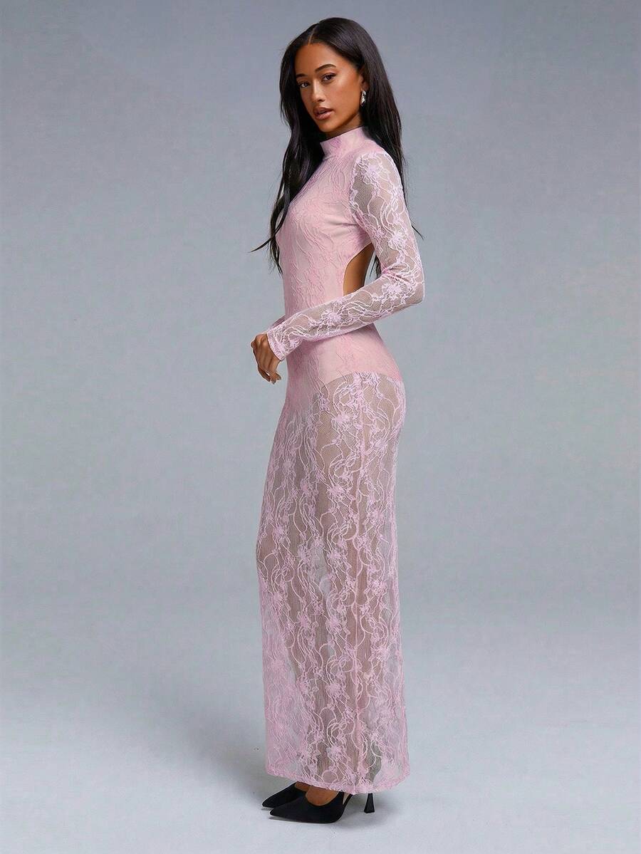 VELIRA - Lace Backless Bodycon Maxi Dress Baby Pink