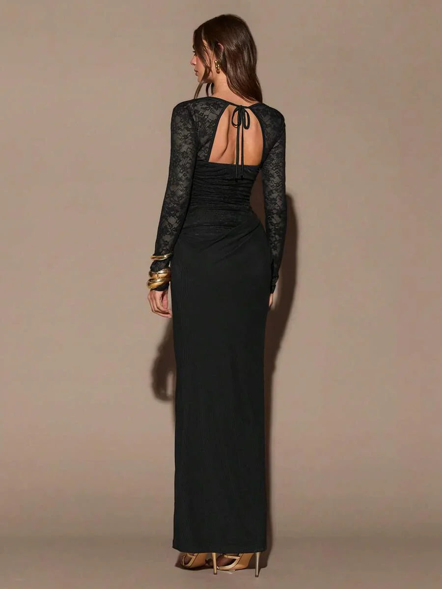 VELUNE - Sweetheart Neck Lace Bodycon Maxi Dress