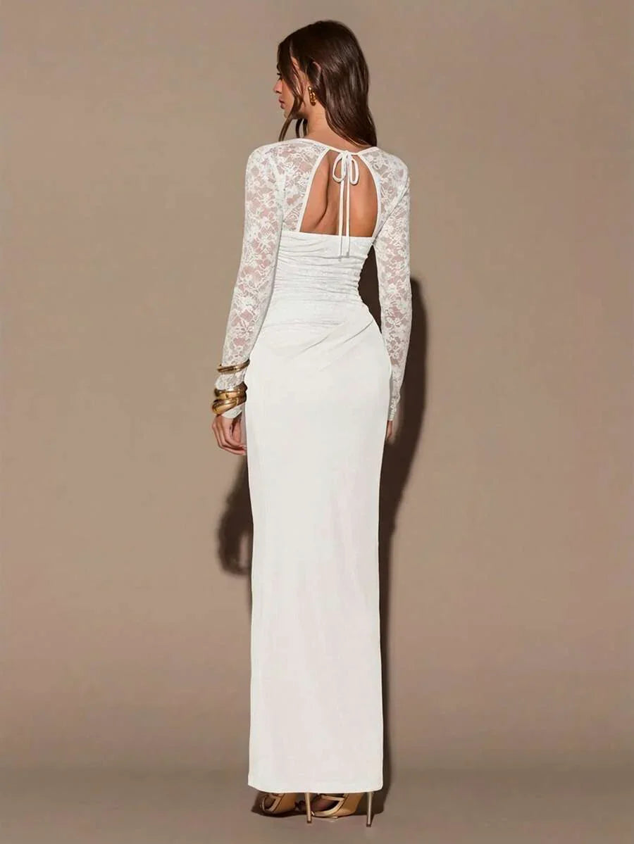 VELUNE - Sweetheart Neck Lace Bodycon Maxi Dress