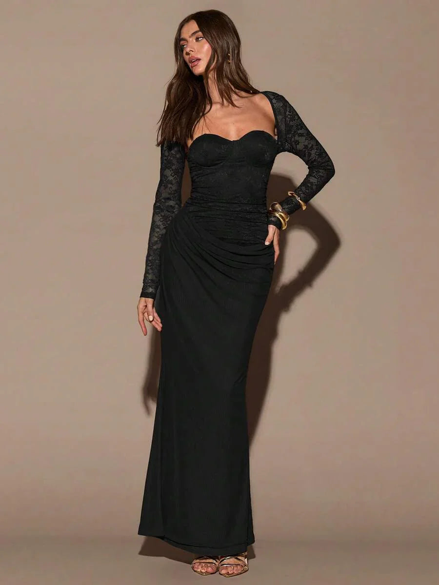 VELUNE - Sweetheart Neck Lace Bodycon Maxi Dress