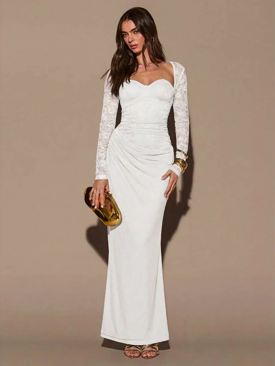 VELUNE - Sweetheart Neck Lace Bodycon Maxi Dress