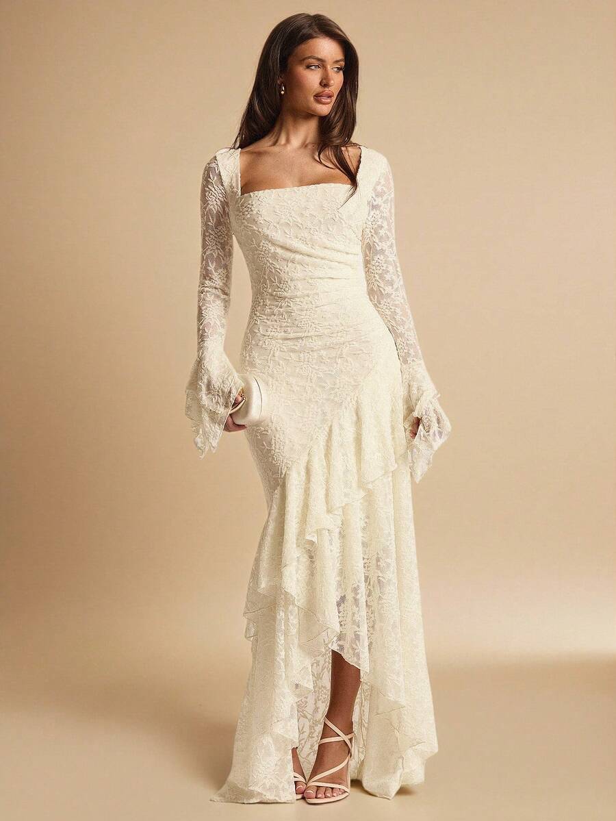 ÉCLORA - Square Neck Ruffle Trim Maxi Dress