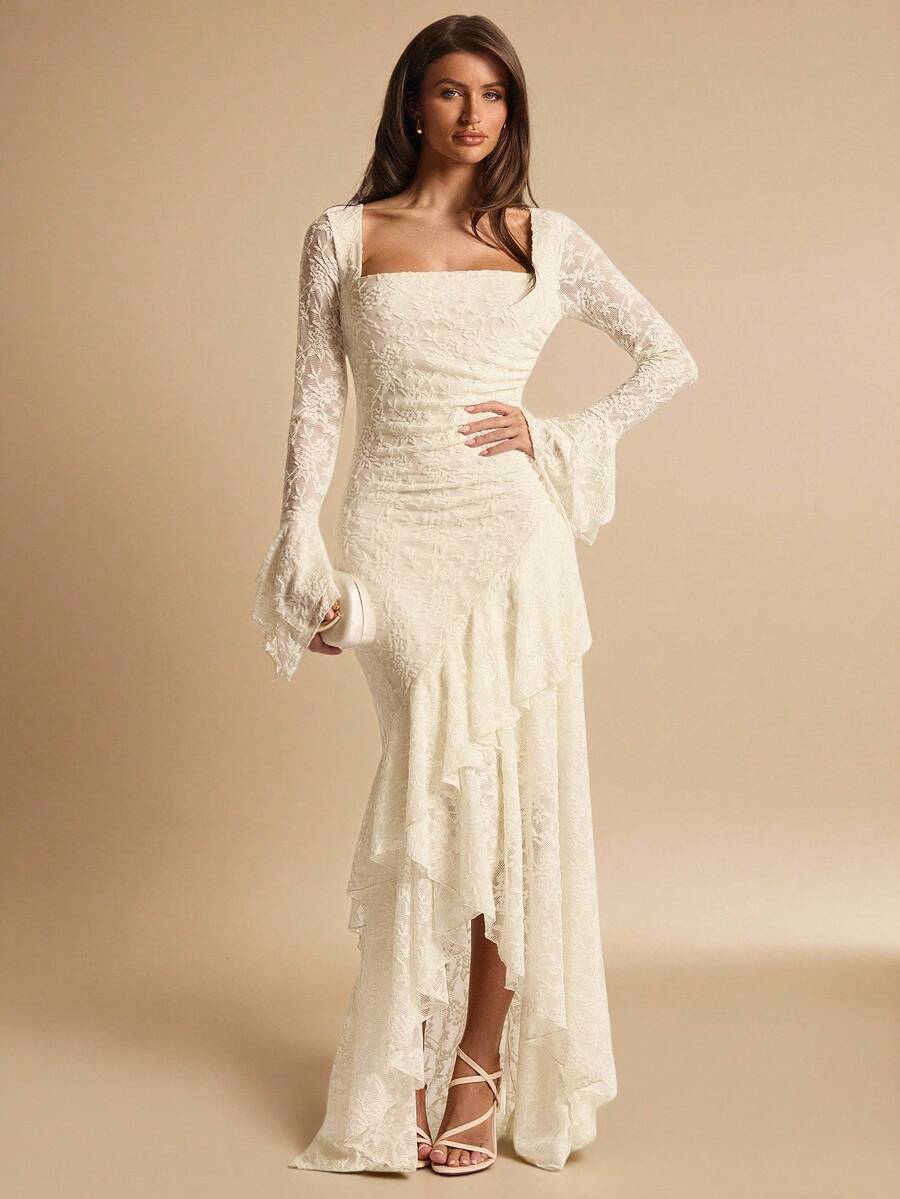 ÉCLORA - Square Neck Ruffle Trim Maxi Dress