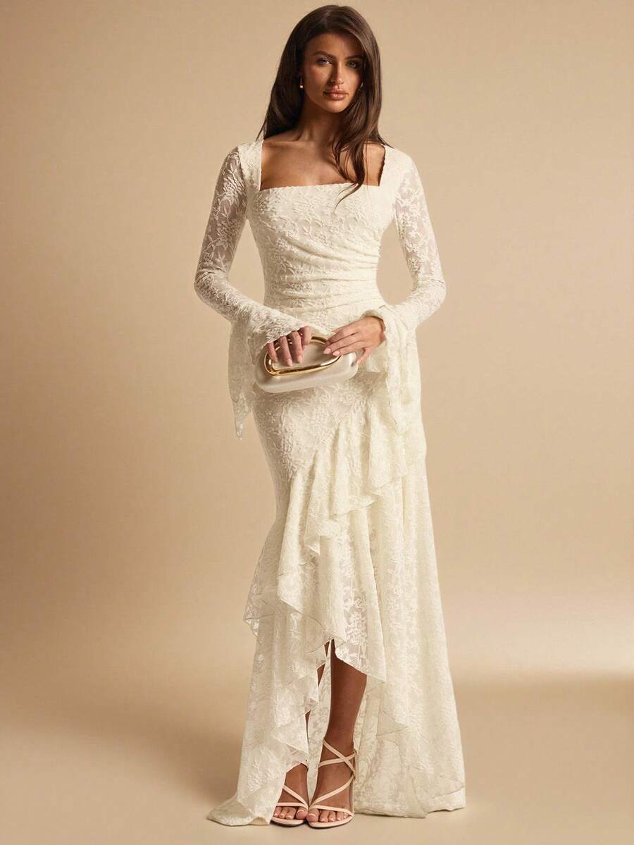 ÉCLORA - Square Neck Ruffle Trim Maxi Dress