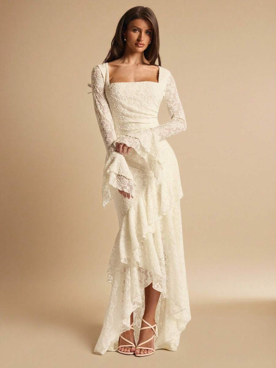 ÉCLORA - Square Neck Ruffle Trim Maxi Dress