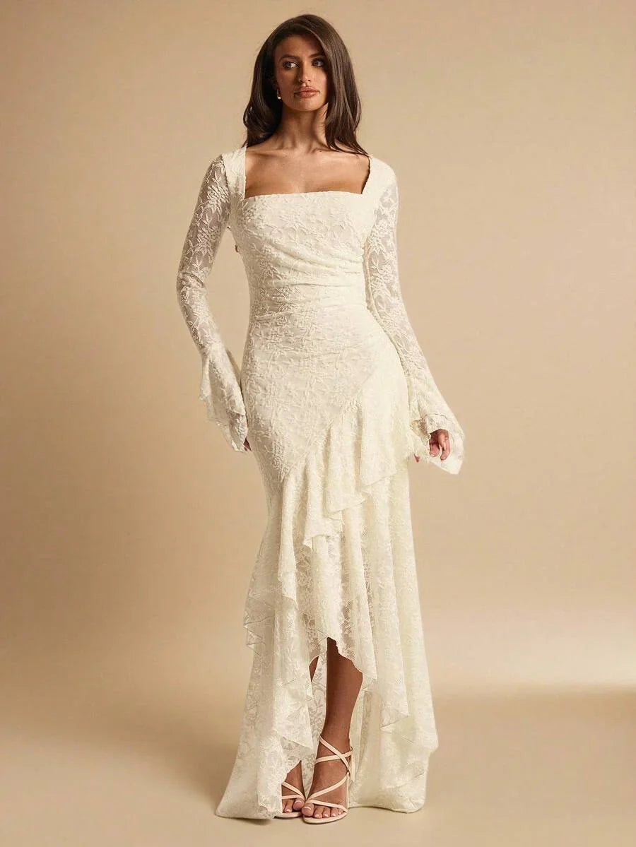 ÉCLORA - Square Neck Ruffle Trim Maxi Dress