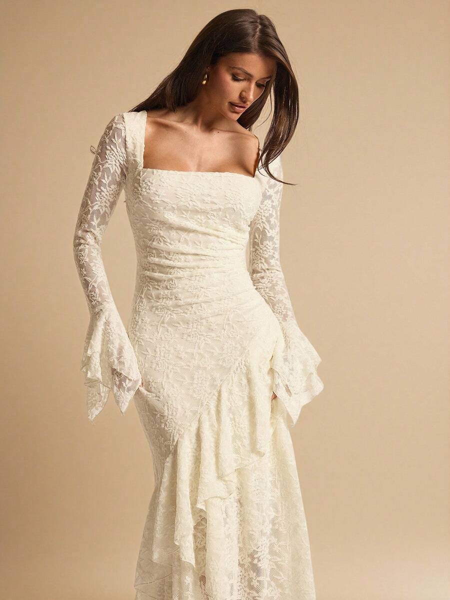 ÉCLORA - Square Neck Ruffle Trim Maxi Dress