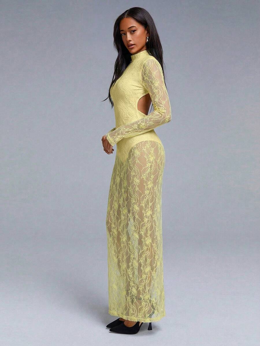 VELIRA - Lace Backless Bodycon Maxi Dress Light Yellow