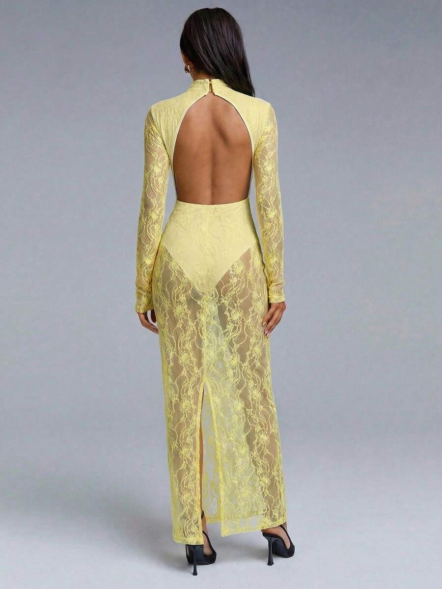 VELIRA - Lace Backless Bodycon Maxi Dress