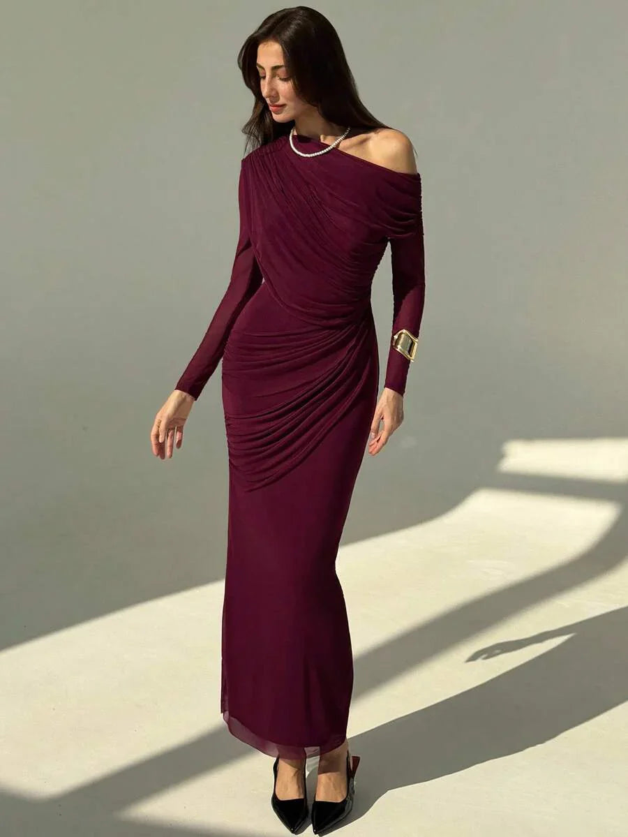 OLVRA - One Shoulder Ruched Mesh Bodycon Maxi Dress