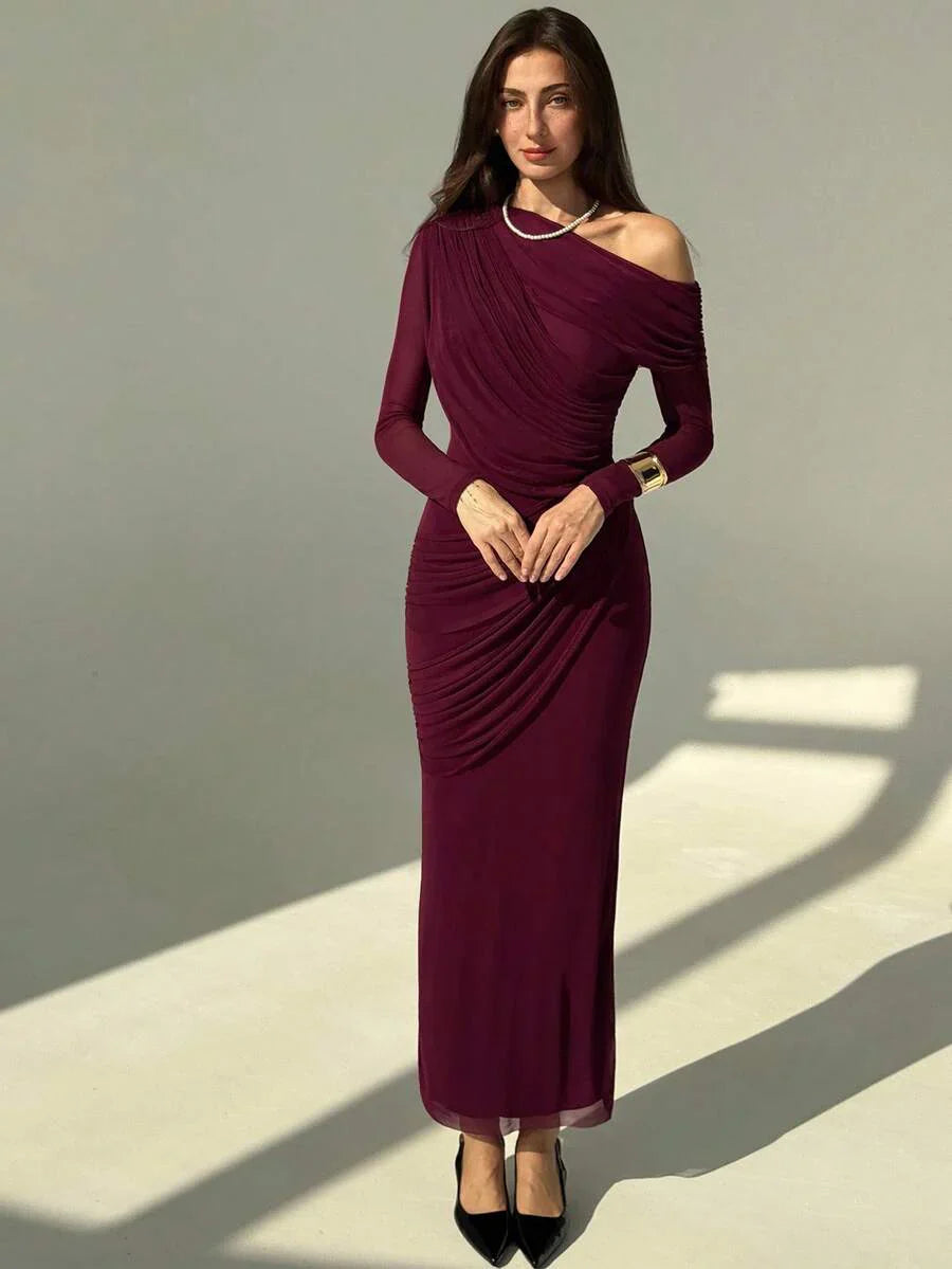 OLVRA - One Shoulder Ruched Mesh Bodycon Maxi Dress