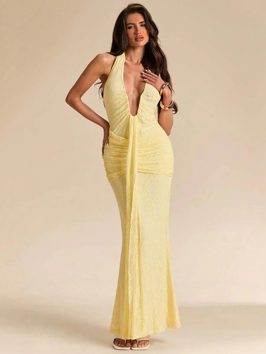 LUMÉA - Deep V Neck Halter Bodycon Maxi Dress