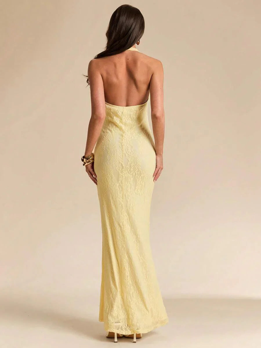 LUMÉA - Deep V Neck Halter Bodycon Maxi Dress