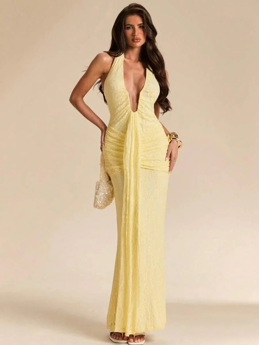 LUMÉA - Deep V Neck Halter Bodycon Maxi Dress