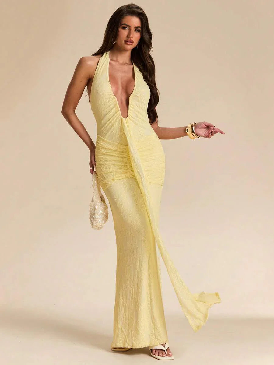 LUMÉA - Deep V Neck Halter Bodycon Maxi Dress