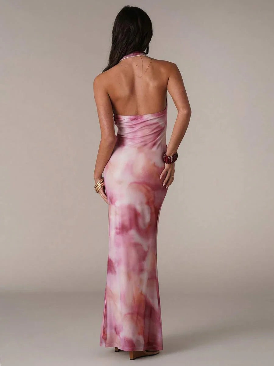 LUMÉA - Deep V Neck Halter Bodycon Maxi Dress
