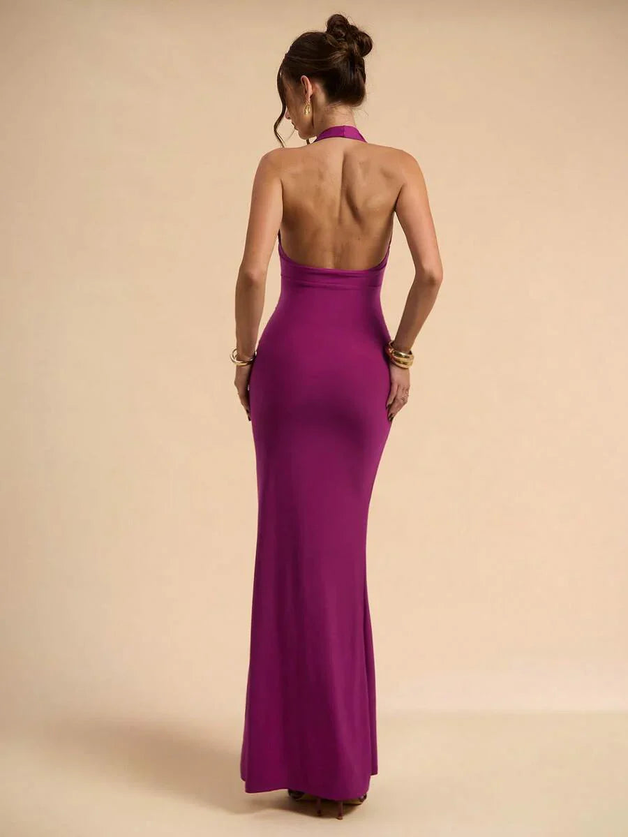 LUMÉA - Deep V Neck Halter Bodycon Maxi Dress
