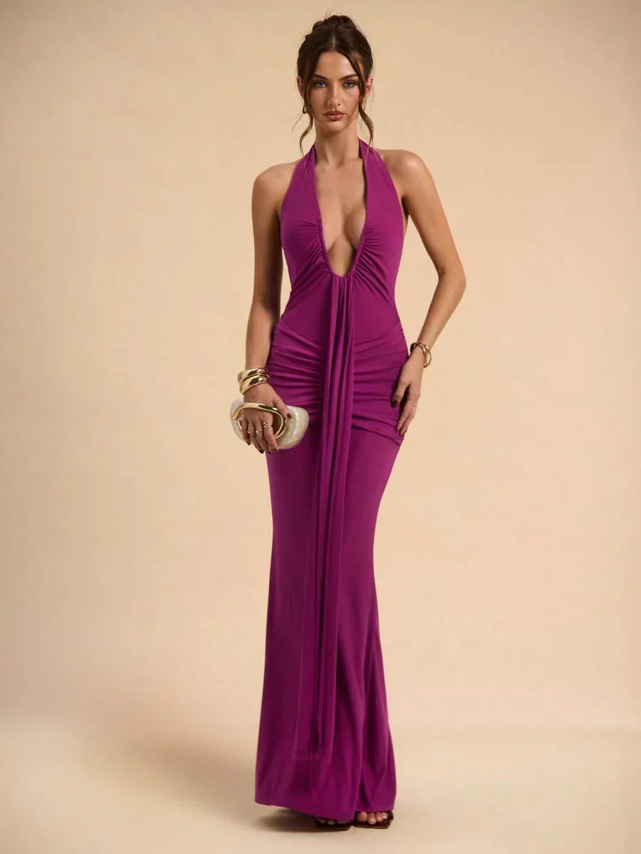 LUMÉA - Deep V Neck Halter Bodycon Maxi Dress