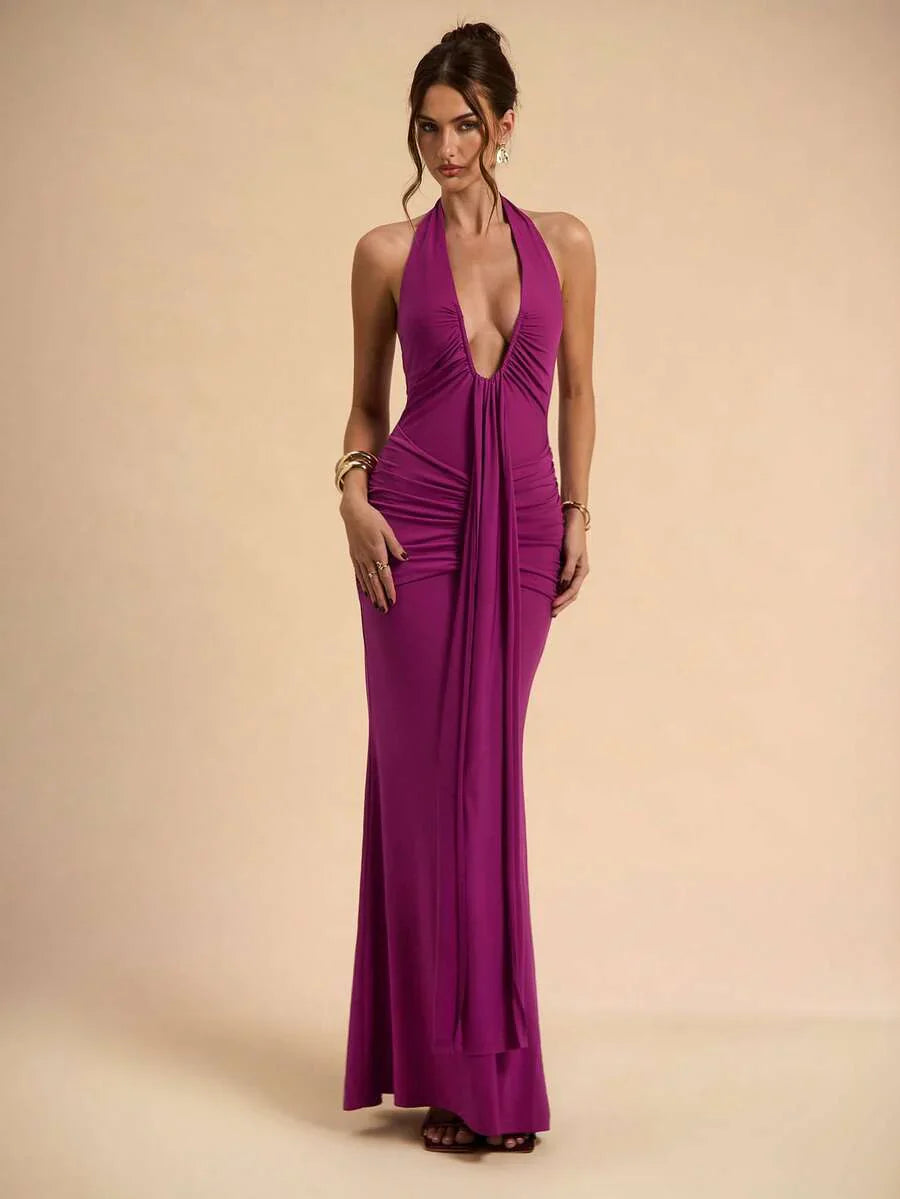 LUMÉA - Deep V Neck Halter Bodycon Maxi Dress