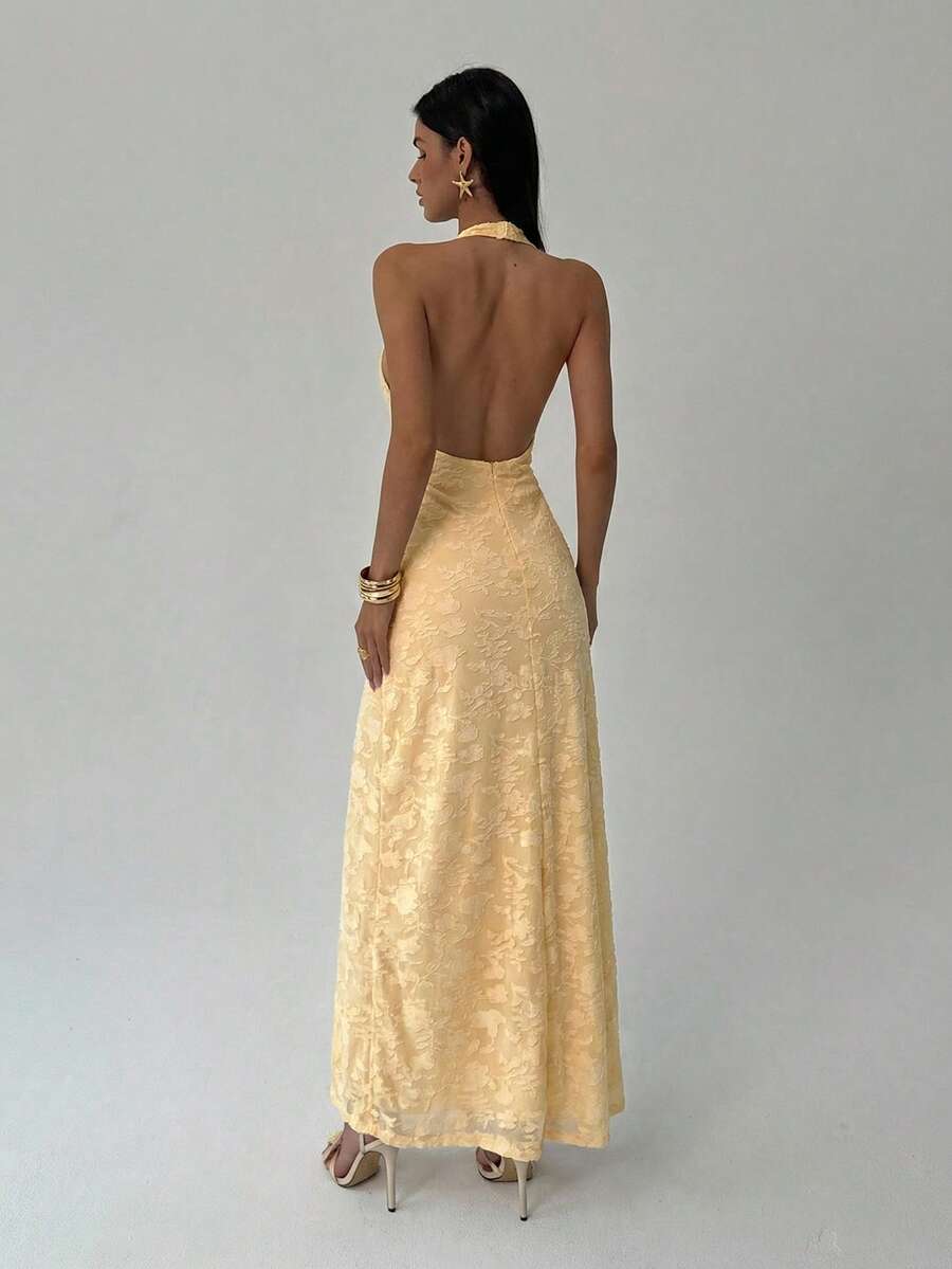 ROUGELLE - Halter Neck Backless Mermaid Maxi Dress