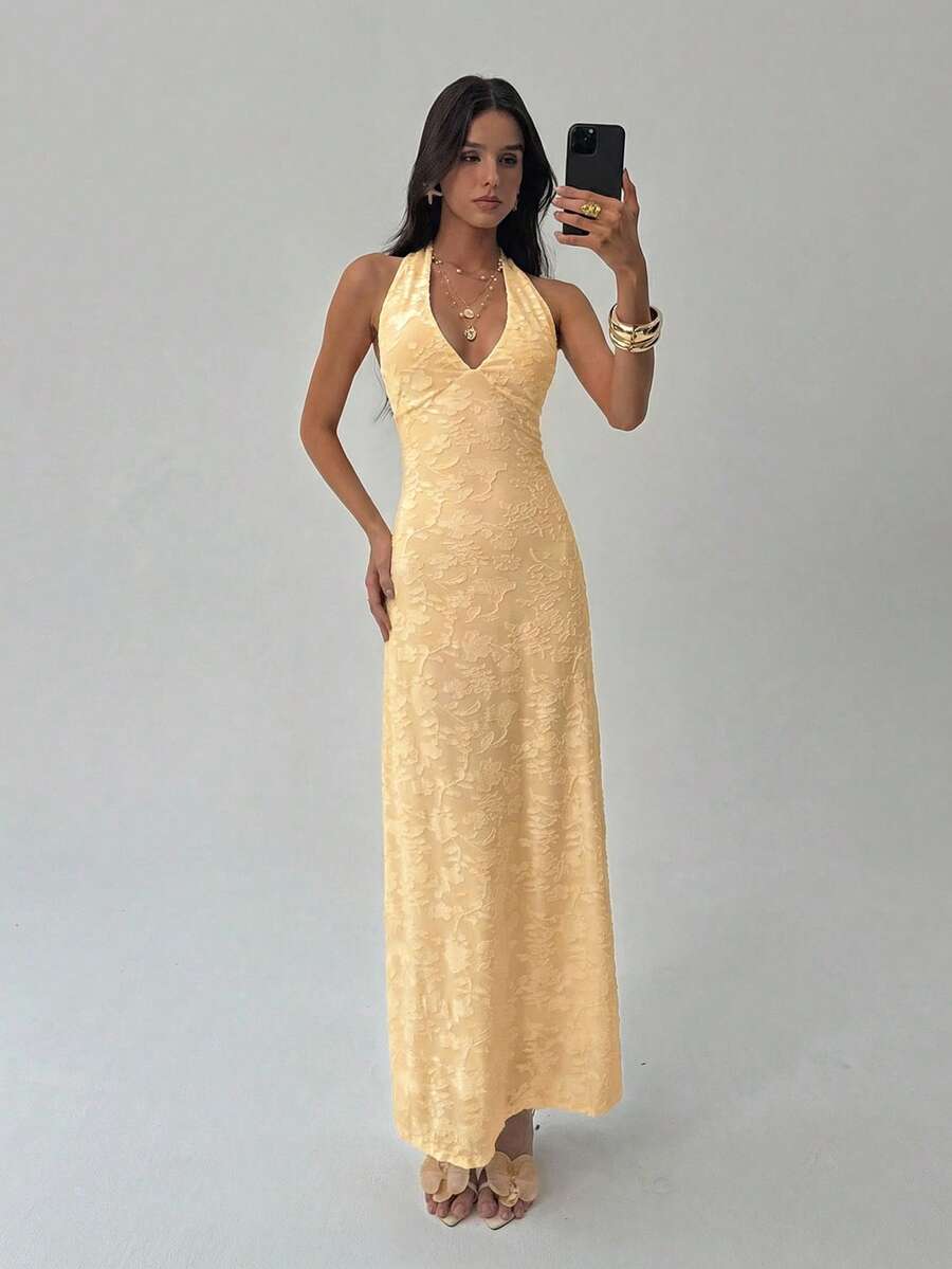 ROUGELLE - Halter Neck Backless Mermaid Maxi Dress