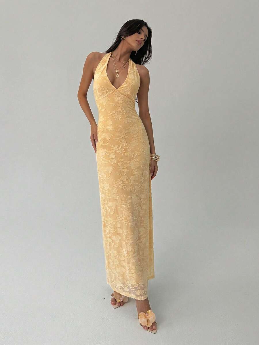 ROUGELLE - Halter Neck Backless Mermaid Maxi Dress