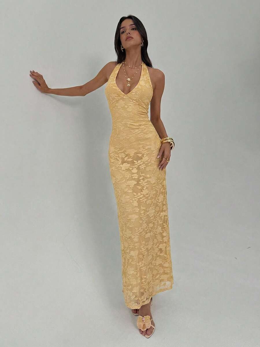 ROUGELLE - Halter Neck Backless Mermaid Maxi Dress