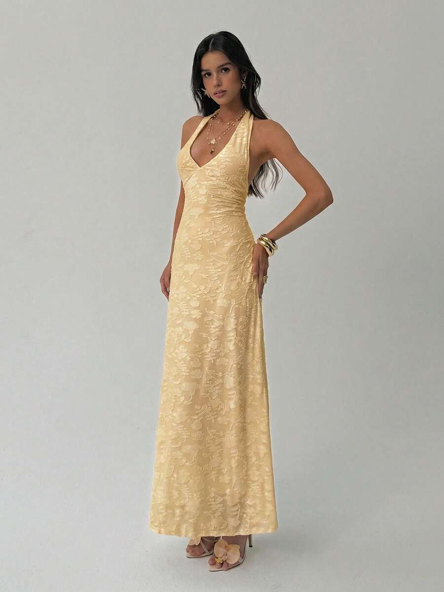 ROUGELLE - Halter Neck Backless Mermaid Maxi Dress