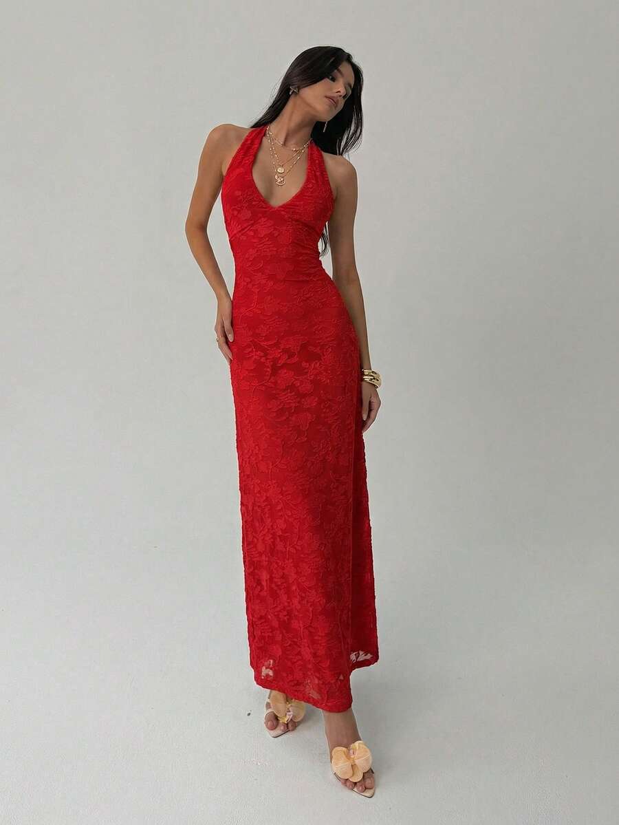 ROUGELLE - Halter Neck Backless Mermaid Maxi Dress