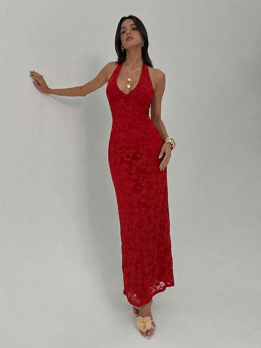 ROUGELLE - Halter Neck Backless Mermaid Maxi Dress