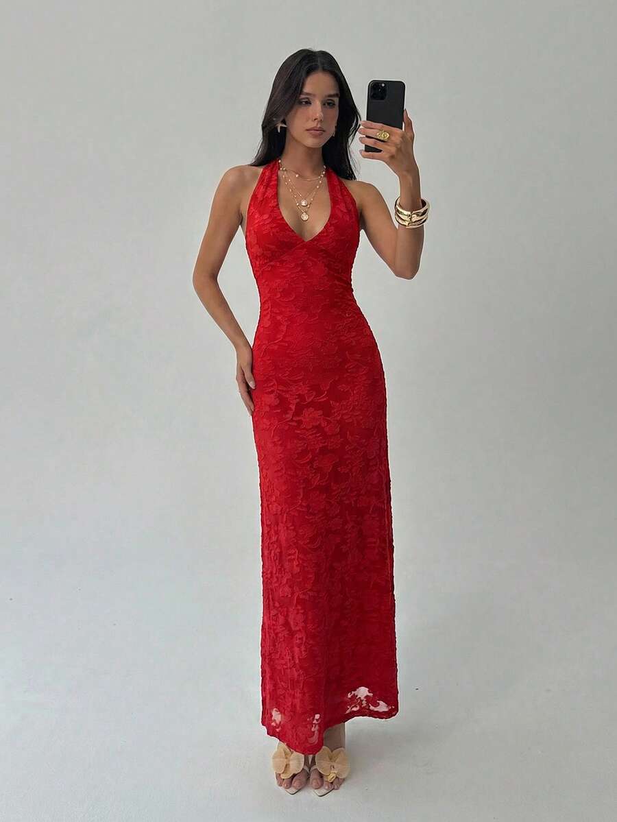 ROUGELLE - Halter Neck Backless Mermaid Maxi Dress