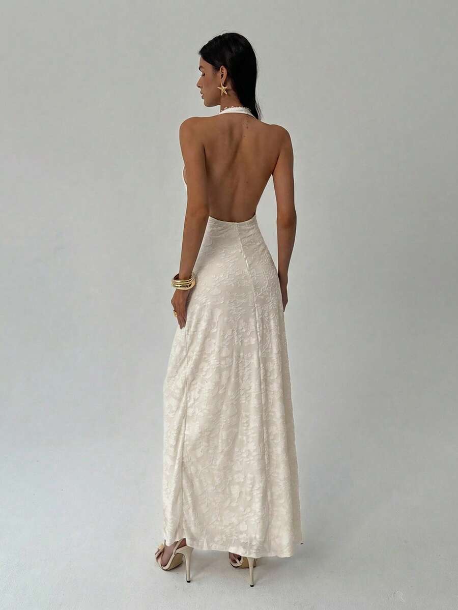 ROUGELLE - Halter Neck Backless Mermaid Maxi Dress