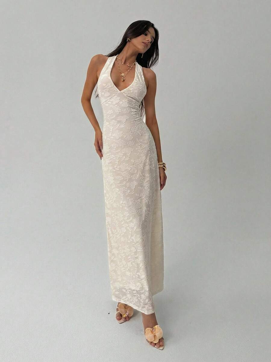 ROUGELLE - Halter Neck Backless Mermaid Maxi Dress
