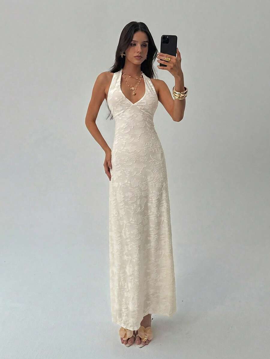 ROUGELLE - Halter Neck Backless Mermaid Maxi Dress