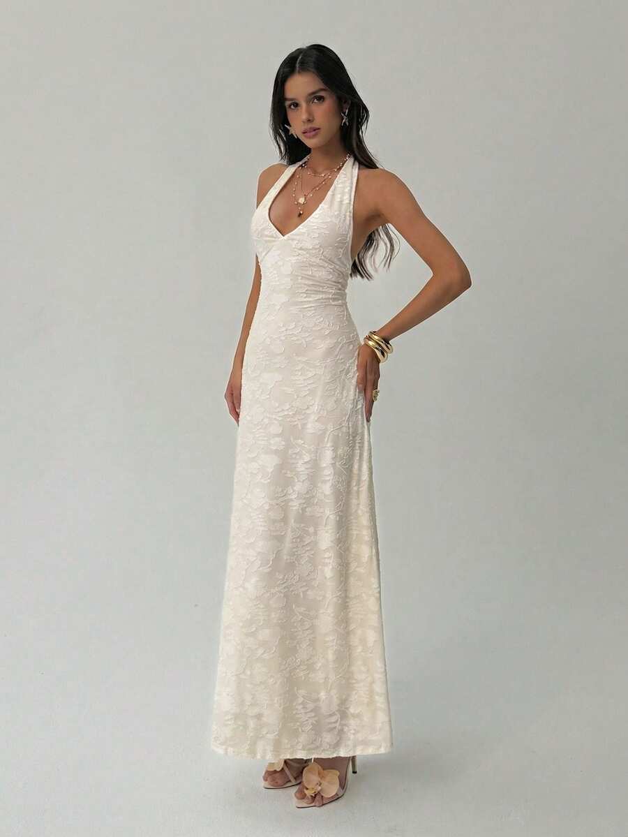 ROUGELLE - Halter Neck Backless Mermaid Maxi Dress
