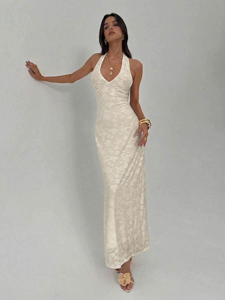ROUGELLE - Halter Neck Backless Mermaid Maxi Dress