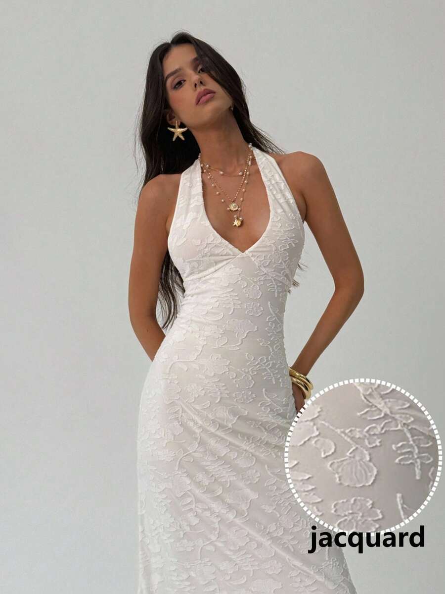 ROUGELLE - Halter Neck Backless Mermaid Maxi Dress