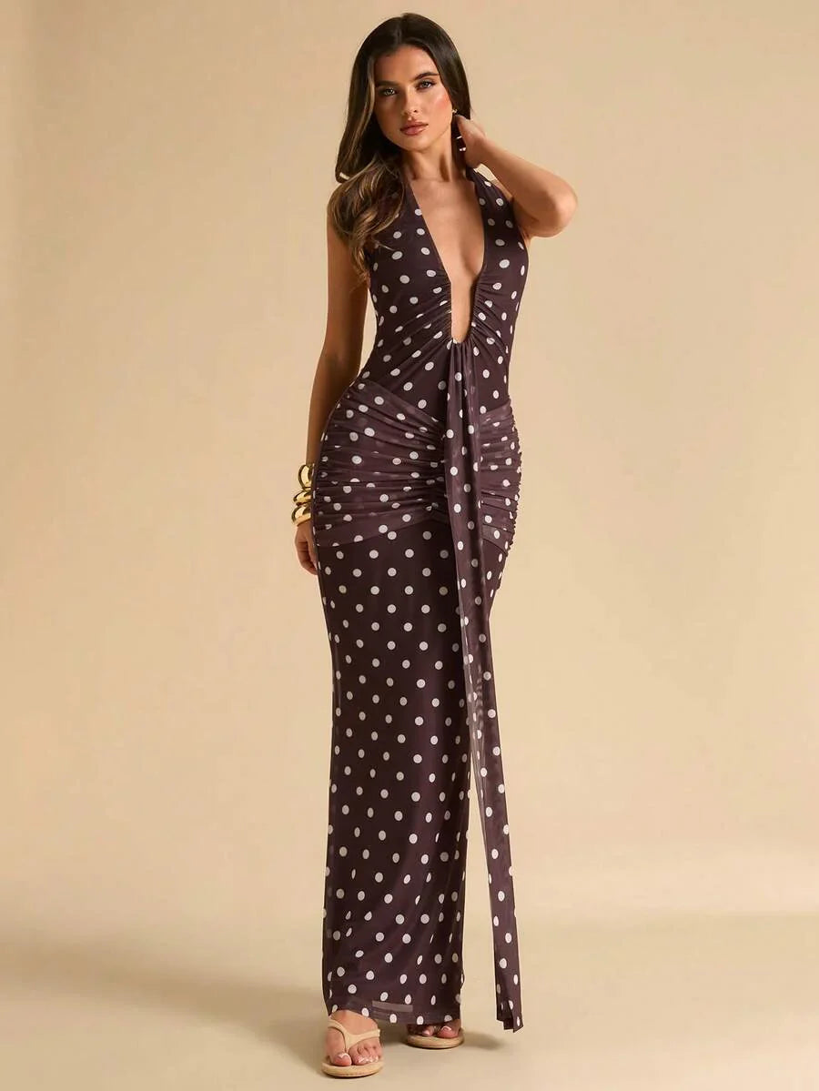 LUMÉA - Deep V Neck Halter Bodycon Maxi Dress