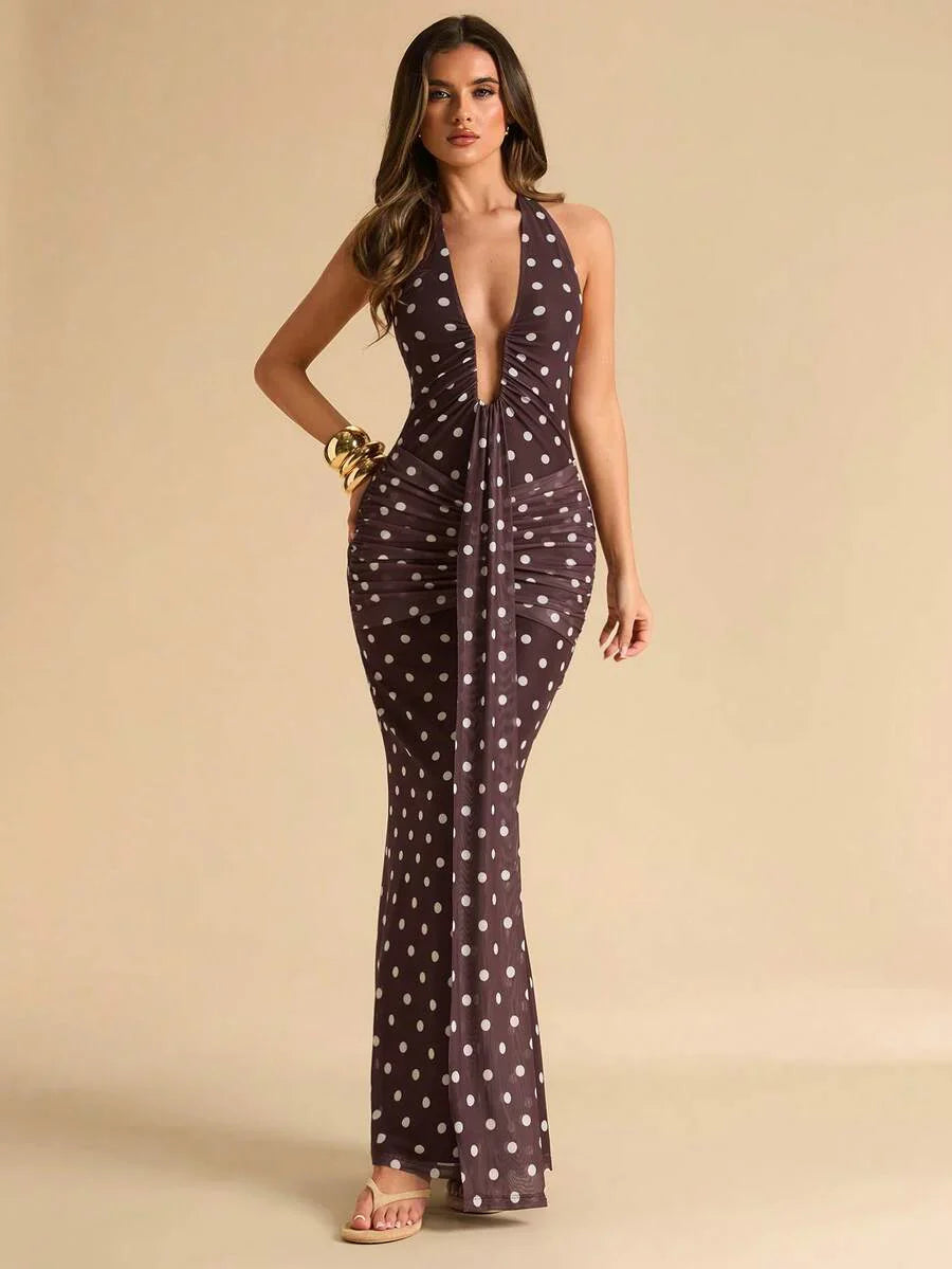 LUMÉA - Deep V Neck Halter Bodycon Maxi Dress
