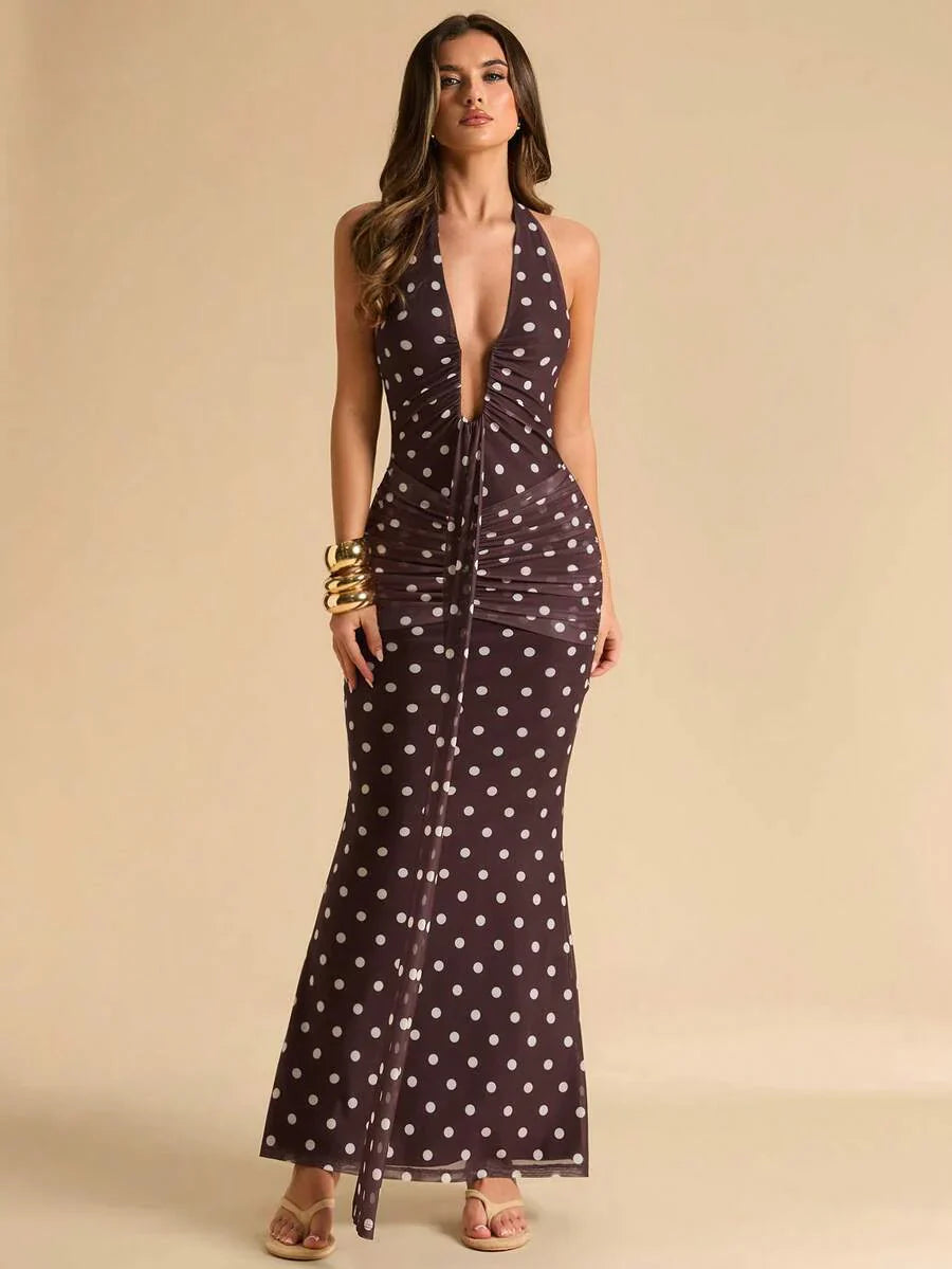 LUMÉA - Deep V Neck Halter Bodycon Maxi Dress