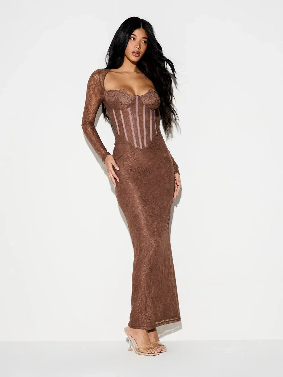 Suéda – Corset Bodycon Maxi Dress Brown