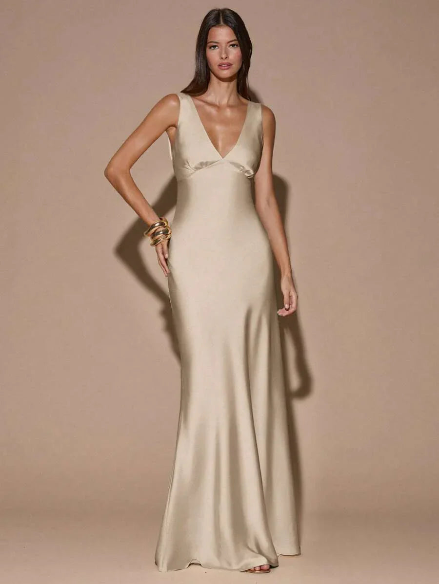 VELOURA - Backless Deep V-Neck Mermaid Maxi Dress Khaki